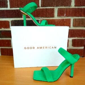 NIB Good American Square Toe Terry Slip-On High Heel Sandals in Green Sz. 6